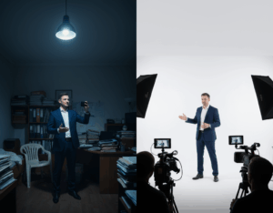 Comparativo entre vídeo amador e vídeo profissional lado a lado.