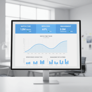 Gráfico de retenção de público e watch-time em vídeos.