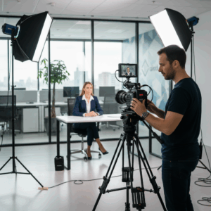 Equipe filmando entrevista em ambiente corporativo com iluminação.