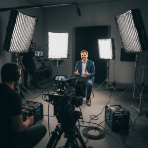Bastidores de gravação com câmera profissional e iluminação.