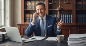 Advogado conversando ao telefone sorrindo.